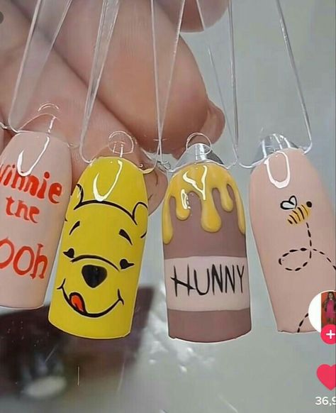 Cartoon Nails Disney, Nail Art Cartoon Characters, Pooh Bear Nails, Maternity Nails, Winnie The Pooh Nails, Pooh Nails, Beginner Nail Designs, Cartoon Nail Designs, Character Nails