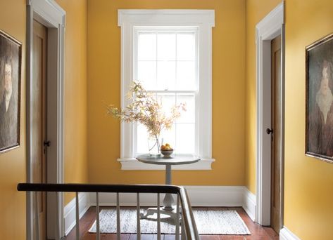 Yellow Hallways Dramatic deeps like Buttercup 2154-30 create a stand-out-from-the-crowd impression in any setting.  (WALLS): Buttercup 2154-30, Aura®, Eggshell (TRIM): Decorator’s White PM-3, ADVANCE® Semi-Gloss, (TABLE): Willow Creek 1468, ADVANCE®, Semi-Gloss Benjamin Moore Yellow, Yellow Hallway, Yellow Walls Living Room, Hallway Paint, Hallway Colours, Color Combinations Paint, Popular Paint Colors, Paint Colors Benjamin Moore, Benjamin Moore Colors