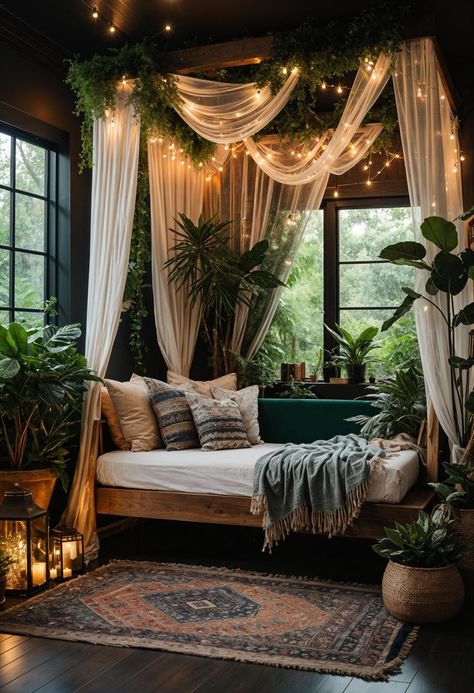 Dark Boho Eclectic Decor, Cool Boho Bedrooms, Bohemian Rooms Ideas, Boho Bedroom Dark Colors, Plant Room Living Room, Dark And Moody Bedroom Jewel Tones, Boho Witchy Living Room, Chill Out Room Ideas, Bed In Living Room Ideas