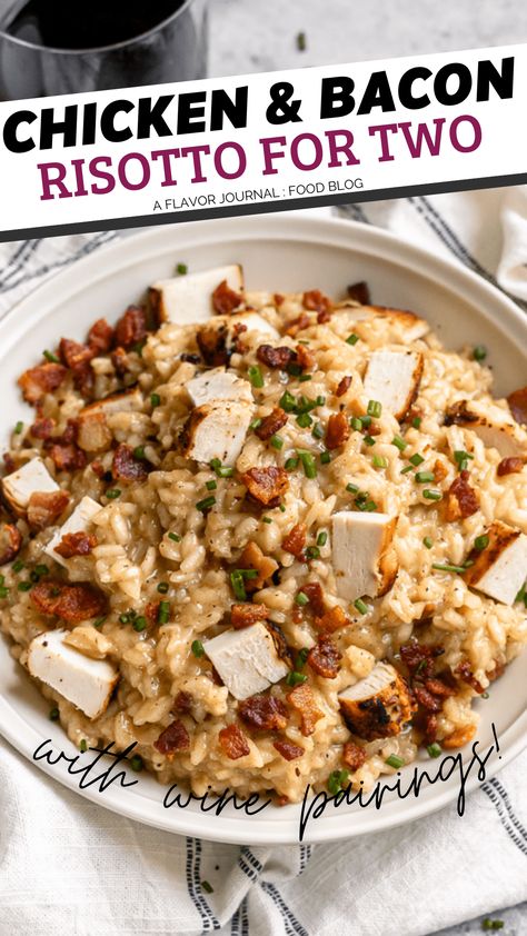 This chicken bacon risotto recipe for two people is decadent, cheesy, a little smoky, and absolutely delicious. Easy Elegant Meals, Risotto For Two, Cheddar Risotto, Risotto Recipes Chicken, Bacon Risotto, Risotto Recipes Easy, Risotto Dishes, Chicken Risotto, Chicken And Bacon