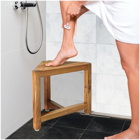 PRICES MAY VARY. [MULTI-FUNCTIONAL FOOT REST] Our shower foot rest has a flat surface in the front for you to place shaving nail polish, razors, foam cans and other trimming tools when shaving legs, trimming the nails, applying lotion or clipping and painting toenails. [EASY TO ASSEMBLE] This shower shaving foot rest comes with all tools and instructions necessary for assembly, It has the advantage of novel structure, firmness, stability, simple assembly as well as convenient disassembly which t Shower Stool For Shaving, Vibe Bathroom, Teak Shower Seat, Corner Shower Bench, Bathroom Bench, Corner Bathroom, Tiny Bath, Small Shower, Bath Seats