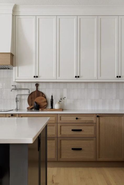 Kitchen Backsplash With Two Tone Cabinets, Wood Bottom White Top Cabinets, Talk Kitchen Cabinets, Double Kitchen Cabinets, Three Color Kitchen Cabinets, Neutral Brown Kitchen Cabinets, White Wood Cabinets Kitchen, Dark Brown Lower Cabinets White Upper, Three Toned Kitchen Cabinets