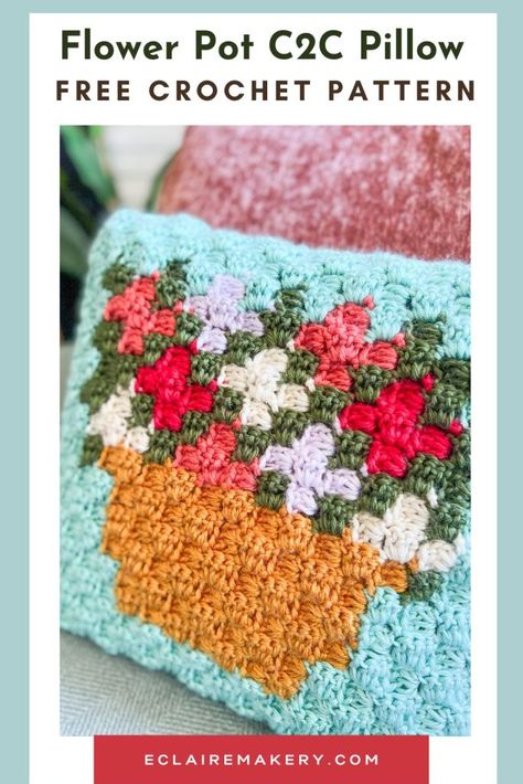 Flower Pot Pillow: Free C2C Crochet Pillow Pattern | E'Claire Makery Spring Crochet Pillow, C2c Crochet Pillow, Crochet Pillow Covers, Knitted Decor, Flowers Pot, Corner Crochet, Corner To Corner Crochet, Crochet Cushion, Delicate Crochet