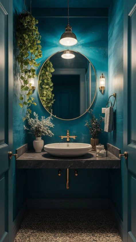 Deep Teal Bathroom Ideas, Bold Bathroom Ideas, Bathrooms Classic, Small Powder Room Design, Powder Bathroom Makeover, Colorful Powder Room, Small Powder Bathroom, Dramatic Wallpaper, Dark Grey Sofa Living Room