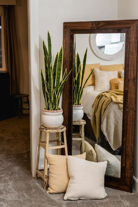 Full Length Mirror In Bedroom With Plant, Entry Floor Mirror, Full Length Mirror Living Room, Brick Wall Bedroom, Full Length Mirror In Bedroom, Living Room Redesign, Corner Mirror, Indian Room Decor, Full Length Floor Mirror