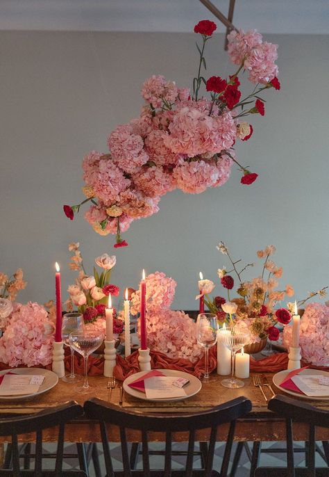 At LeFanfare in Brooklyn, New York, Kate Thompson Weddings and Ember Florals celebrated love surrounded by red and pink florals. With design by Wild Heights Events, the tabletops were adorned with a variety of candlesticks and white and gold accents.  Kate Thompson Photography - Brooklyn New York Wedding Photographer Modern Colorful Wedding, Kate Thompson, Nyc Florist, Manhattan Wedding, New York City Wedding, Camp Wedding, Digital Film, Luxury Weddings, Bridal Event