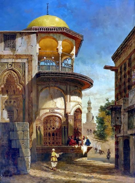 Adrien Dauzats (French, 1804–1868) - A street scene in old Cairo near the Ibn Tulun Mosque Ibn Tulun Mosque, Old Cairo, Islamic Civilization, Empire Ottoman, Arabian Art, Old Egypt, Islamic Paintings, Urban Architecture, Arabic Art