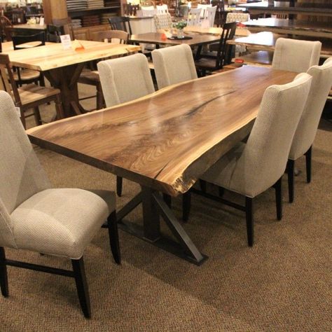 Live Edge Kitchen Table And Chairs, Acacia Dining Table Set, Chairs For Live Edge Dining Table, Wood Table Metal Base, Slab Table Ideas, Walnut Live Edge Dining Table, Love Edge Dining Table, Live Edge Dining Table Chairs, Walnut Dining Table And Chairs