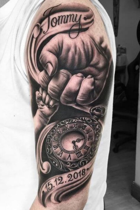 Wonderful Tattoos To Represent Your Priceless Bond With Your Child Father Son Tattoo Ideas, Tattoos For Your Son, Baby Hand Tattoo, Baby Tattoo For Dads, Newborn Tattoo, Raven Tattoo Ideas, Tattoo For My Son, Tattoos For Baby Boy, Son Tattoo Ideas