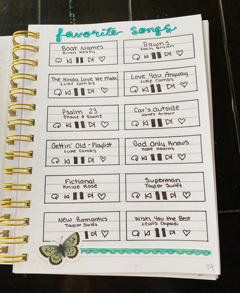 music, favorite songs, bullet journal, notebooks, butterflies, stickers, tracker, green blue Songs That Give You Butterflies, Favorite Song Journal Page, Music Journaling Ideas, Journal Songs Page, Bullet Journal Music Page, Bullet Journal Favorites Page, Journal Favorite Songs, Favorite Songs Journal Page, Fav Songs Journal