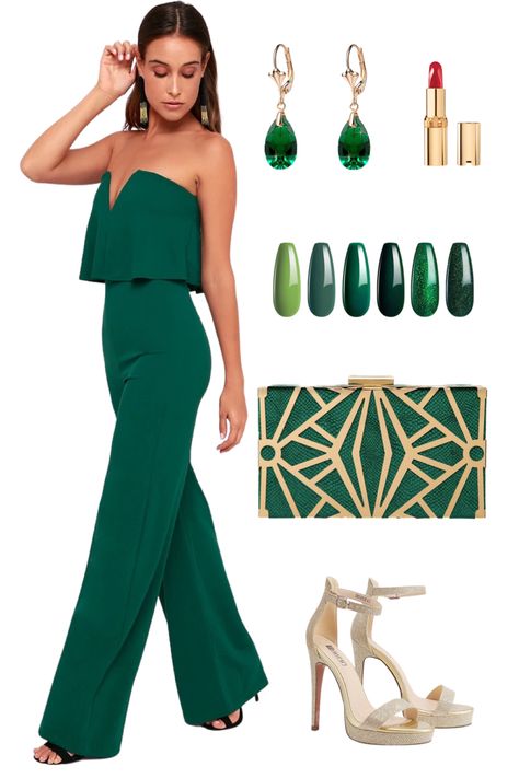 Green jumpsuit, gold sandals, summer outfit Emerald Green Wedding Guest Outfit, Green Wedding Guest Outfit, Green Wedding Guest Dresses, Emerald Green Jumpsuit, Olive Green Weddings, Jumpsuit For Wedding Guest, Bold Red Lips, Wedding Jumpsuit, Power Of Love