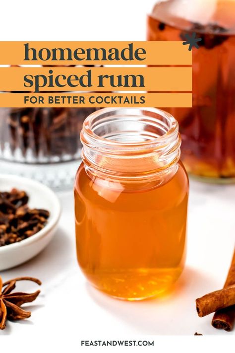 Infuse your own Homemade Spiced Rum with whole spices. It takes just a few days but the flavor can't be beat. Use it in cocktails or cooking. Homemade Spiced Rum, Homemade Liqueur Recipes, Homemade Baileys Irish Cream, Rum Liquor, Peppermint Vodka, Frozen Drinks Alcohol, Diy Alcohol, Breakfast Cocktails, Homemade Alcohol