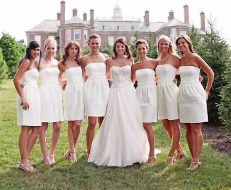 white bridesmaid dresses Crane Estate Wedding, Bridesmaid Dresses White, White Bridesmaid, All White Wedding, White Bridesmaid Dresses, Weddings By Color, White Bride, Bridal Party Dresses, Short Bridesmaid Dresses