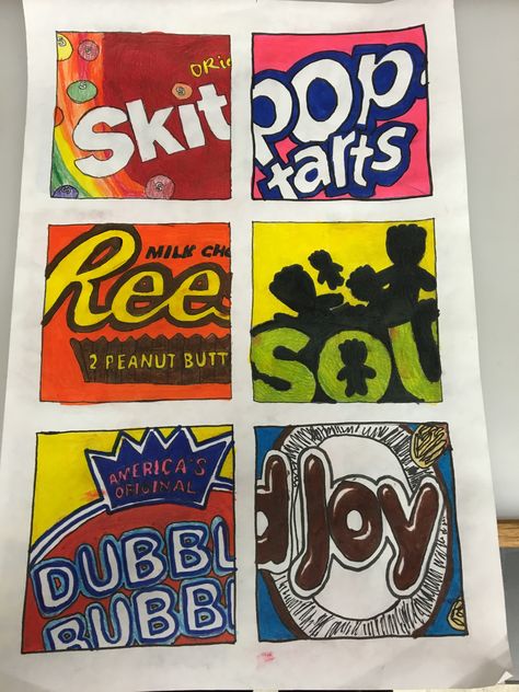 Candy pop art | Middle school art projects, School art projects, Art  lessons middle school Candy Pop Art Lesson, Pop Art Candy Paintings, Drawing Of Candy, Middle School Art Projects Easy, Pop Art Projects, Candy Drawings, Pop Art Lesson, Candy Pop Art, Pop Art Candy