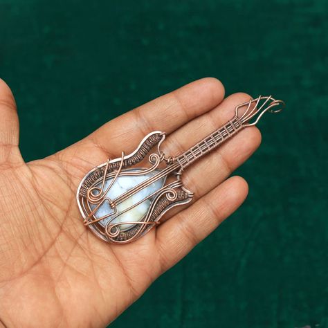 Gorgeous Guitar Copper Pendant Wire Wrapped Women Pendant - Etsy Wire Wrapped Guitar Tutorial, Wire Wrapped Guitar Pendant, Paper Flower Crown, Butterfly Wire Wrapped Pendant, Spiritual Wire Wrapped Crystal Pendant, Moth Wire Wrap, Wire Ornaments, Wire Jewelery, Birth Gift