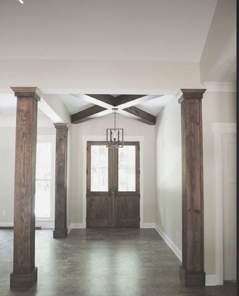 Wood Beam Columns Interior, House Column Design Interior, Room Columns Ideas, Post Inside House Ideas, Covering Pillars With Wood, Interior Wood Columns, Interior Column Wraps, Wooden Pillar Design Interior, Update Columns Interior