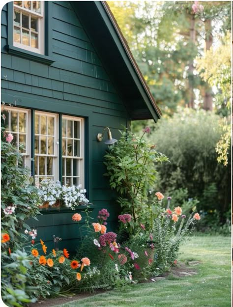 Green House With Shutters Exterior, Ranch House Exterior Colors Paint Ideas, Green Home Exterior, Bison Ranch, Ranch Cottage, Modern Front Yard Landscaping Ideas, Green Siding, Modern Front Yard Landscaping, Home Exteriors