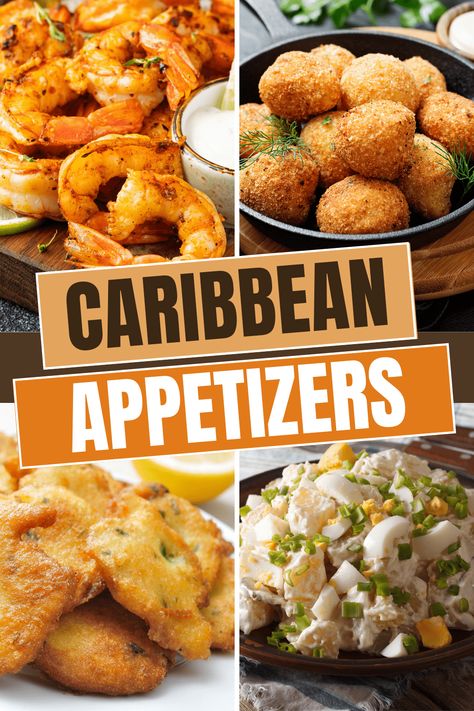 Island Themed Appetizers, Caribbean Buffet Ideas, Caribbean Appetizer Recipes, Jamaican Hors D'oeuvres, Carribean Brunch Ideas, Carribean Party Food Ideas, Caribbean Finger Foods, Carribean Food Catering, Tropical Shrimp Recipes