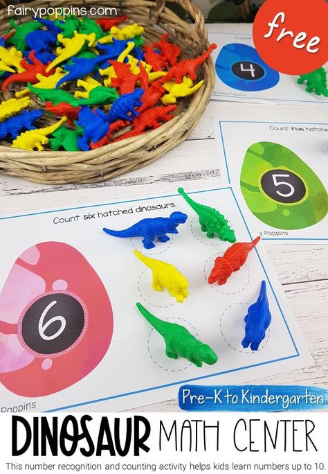 This FREE dinosaur math center helps kids develop counting and number recognition skills. It's fun to use with dinosaur counters. #numberrecognition #counting #dinosaurmath #preschoolmath #prekmath #kindergartenmath #dinosauractivities #numbermathcenter #numbersto10 #dinosaurtheme #mathcenters #handsonmath Dinosaur Counting Preschool, Dinosaur Letter Activities, How Do Dinosaurs Count To Ten Activities, Dinosaur Anchor Chart Preschool, Dinosaur Centers Preschool, Dinosaur Preschool Theme, Preschool Dinosaur Activities, Dinosaur Counting, Dinosaur Math