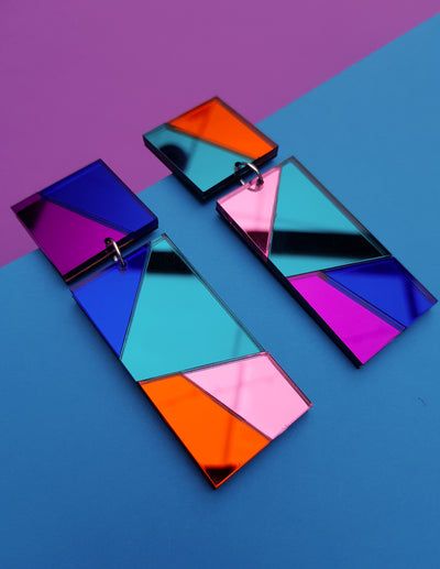 Geo Shape Earrings | fizzgoespop Perspex Art, Perspex Earrings, Coloured Mirror, Acrylic Projects, Perspex Jewelry, Acrylic Crafts, Crazy Earrings, Festival Jewellery, Laser Cut Jewelry