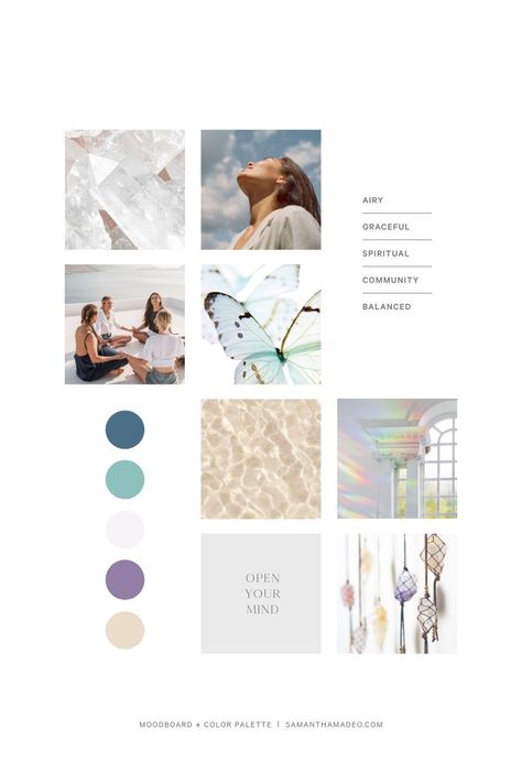 This board is light, airy, and has a little bit of a mystical feel to it. The colors are more muted which creates a graceful and laidback mood | Who this moodboard is perfect for: A wellness business that leans a bit to the spiritual side. There is some fun color, but overall the mood of this brand is very light and bright. The sand texture and darker colors ground the palette and create balance. | Brand Traits: Airy, light, graceful, spiritual, community, and balanced. Moodboard Ideas Layout, Mood Board Design Layout, Mystical Branding, Moodboard Layout, Spiritual Branding, Spiritual Website, Create A Color Palette, Brand Colors Inspiration, Coaching Logo