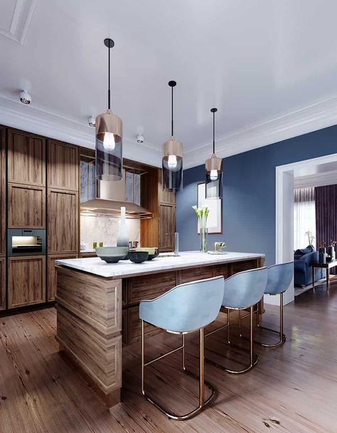 Brown Kitchen Ideas, Island Marble, Tan Kitchen, Blue Kitchen Walls, Blue Kitchen Designs, Light Blue Kitchens, Brown Kitchen Cabinets, Blue Kitchen Decor, Blue Kitchen Cabinets