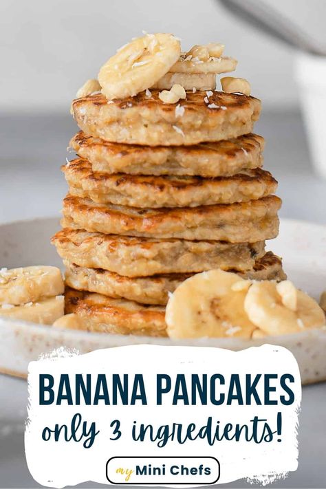 Our 3-Ingredient Banana Pancakes are so easy to throw together in the morning and we feel great about eating them! They are kid-friendly, baby-friendly and adults love them too. 4 Ingredient Banana Pancakes, Recipe For Banana Pancakes, 1 Banana Pancakes, Simple Banana Pancakes 3 Ingredients, Baby Food Pancakes Easy, Quick Banana Breakfast, Infant Pancake Recipe, 2 Ingredient Banana Pancakes, Toddler Easy Breakfast Ideas