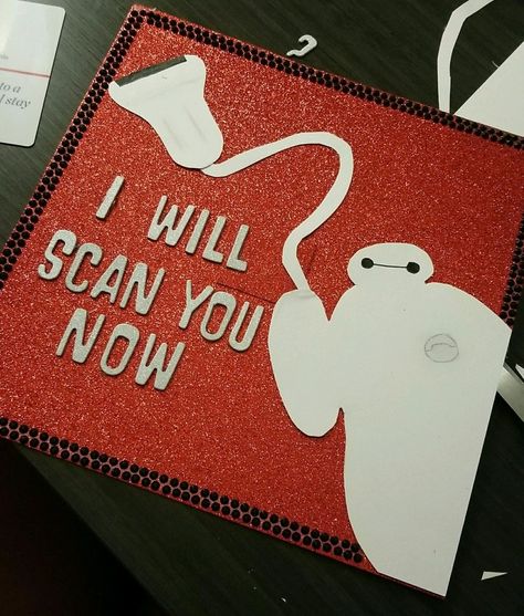 Ultrasound / Sonography graduation cap with Baymax from Big Hero 6 Ultrasound Technician Graduation Cap, Ultrasound Graduation Cap Ideas, Sonography Cap Decoration, Ultrasound Tech Graduation Cap, Sonography Graduation Cap, Ultrasound Graduation Cap, Sonography Student Graduation, Obstetrician Aesthetic, Sonography Graduation