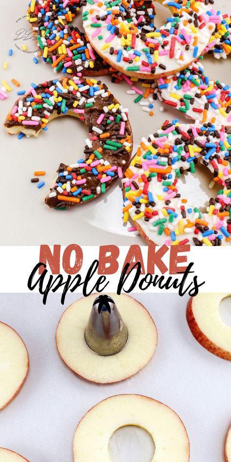 No Bake Apple Donuts - Dine Dream Discover Healthy Birthday Treats, Preschool Cooking, Apple Snacks, Apple Donuts, Food Activities, Fall Snacks, Preschool Snacks, Less Sugar, Kids Treat