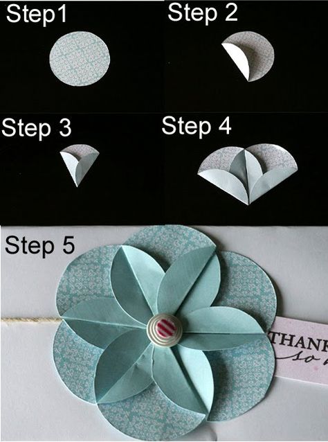 Step 1: Use a punch to punch out circle - choose any size depending on how big you would like your flower to be.  Step 2: Fold up one third.  Step 3. Fold up the other side, overlapping the first fold.  Step 4: Repeat with 5 more circles.  Step 5: Adhere them all together to make the flower. Add a brad or other embellishment to the middle. Diy Flower Projects, Make Paper Flowers, Fleurs Diy, Scrapbooking Techniques, Craft Punches, How To Make Paper Flowers, Circle Punch, Make Paper, Origami Flowers