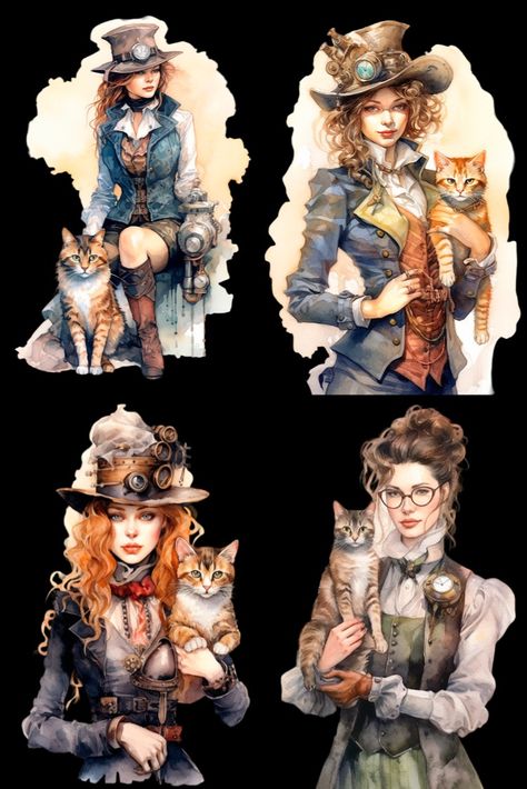 Steampunk girl cat lover Clipart, 12 PNG Watercolor girl with cat Bundle, Junk Journal digital kit, Halloween Ephemera, Paper collage sheets Steampunk Stickers, Steampunk Scrapbook, Halloween Ephemera, Cats Png, Girl With Cat, Website Layouts, Acetate Cards, Watercolor Girl, Girl Cat