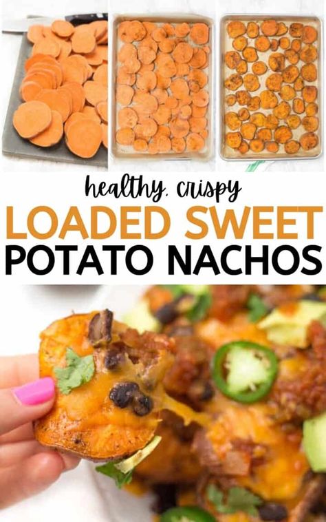 Sweet Potato Chip Nachos, Health Dinner Sweet Potato, Healthy Potato Nachos, Sweet Potato Black Bean Nachos, Easy Healthy Dinner Sweet Potato, Easy Healthy Dinner With Sweet Potatoes, Avocado Sweet Potatoe, Mediterranean Recipes Sweet Potatoes, Quick And Easy Dinner Recipes Sweet Potato