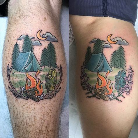 Leg Calf Camping Themed Matching Tattoo Ideas For Married Couples Natur Tattoo Arm, Berg Tattoo, Outdoor Tattoo, Camping Tattoo, Old School Ink, Mountain Tattoo Design, Hiking Tattoo, Couples Tattoo Designs, Landscape Tattoo