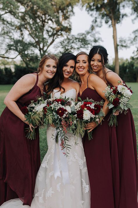 Wine & White Wedding Colors | Bridal Bouquets | Bride & Bridesmaids | Real Wedding Inspiration | Texas Wedding | Photographer: Andrea Cauneac Photography Fall Wedding Wine Color, Maroon Bridal Party Color Schemes, Cabernet Bridal Party, Different Shades Of Burgundy Bridesmaids, Maroon Spring Wedding, Bridal Party Cabernet, Dusty Rose Wedding Colors, Wine Colored Wedding, Burgundy Wedding Theme