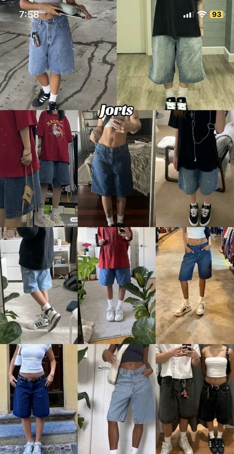 Streetwear Outfit Shorts, Jorts Outfit Inspo Y2k, Light Jorts Outfit, Y2k 90s Outfits, Skater Jorts Outfit, How To Style Long Jean Shorts, Easy Fit Ideas, Jort Outfit Aesthetic, Testing Outfits Finals Week