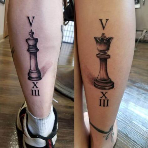 165+ Matching King And Queen Tattoos For Couples (2021) Matching King And Queen Tattoos, Tattoo King, Chess Piece Tattoo, Queen Tattoos, King Queen Tattoo, Chess Tattoo, Calf Tattoo Men, Tattoos For Couples, Queen Chess