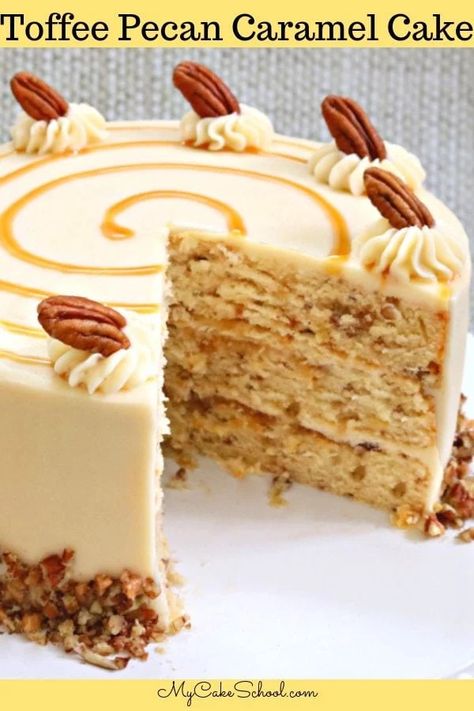 This Toffee Pecan Caramel Cake Recipe is the BEST! Such a wonderful combination of toffee, caramel, and pecans, and frosted in a luscious Caramel Cream Cheese Frosting! Pecan Caramel Cake, Caramel Cream Cheese Frosting, Caramel Cake Recipe, Cake With Caramel, Caramel Filling, Caramel Cream, Cake Recipes Easy Homemade, Pecan Cake, Easy Cheesecake Recipes