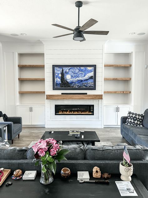 Built-ins & Cabinets — Champagne Taste Design Shelves Around Tv, Farmhouse Build, White Built Ins, Townhouse Ideas, Amazing Apartments, Basement Fireplace, Built In Entertainment Center, Built In Shelves Living Room, Living Room Built Ins