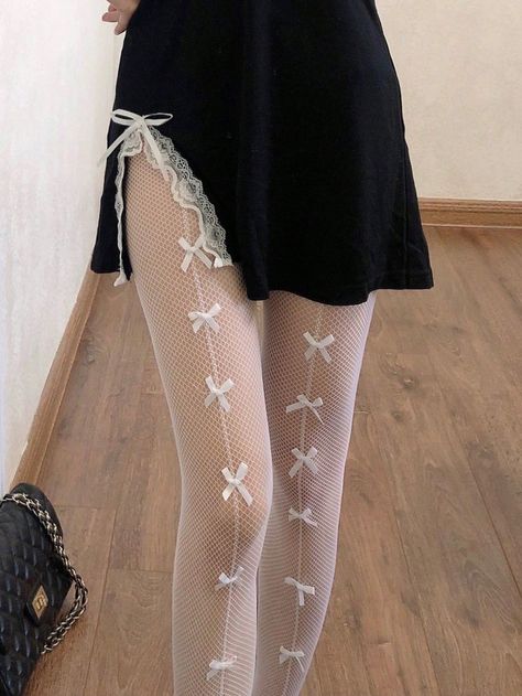 1pair Women Bow Decor Elegant Fishnet TightsI discovered amazing products on SHEIN.com, come check them out! White Fishnet Outfit, Fishnets Outfit, Fishnet Outfit, White Fishnets, Fishnet Socks, White Tights, White Stockings, Bow Decor, Fishnet Tights