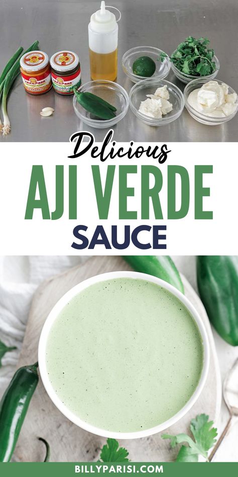 Aji Verde, also known as Peruvian green sauce, accompanies mayonnaise, herbs, cheese, and chilis until smooth. This delicious Aji Verde Sauce of spicy chilis, herbs, cheese, and mayo that is pureed together is the perfect accompaniment to any dish. You will be obsessed with the flavors of this sauce the second you taste it. Verde Sauce Recipe, Aji Sauce Colombian, Aji Sauce Peruvian, Aji Peruvian Green Sauce, Aji Verde Sauce, Aji Amarillo Sauce Peruvian Chicken, Peruvian Green Sauce, Amazing Chili, Dijon Cream Sauce