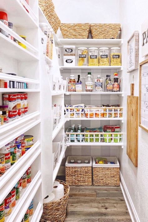 lined bins for under pantry shelves to store paper towels, toilet paper, etc. Walk In Pantry Ideas, Narrow Pantry, No Pantry Solutions, Pantry Inspiration, Dream Pantry, House Pantry, My Texas House, Lots Of Food, Organized Pantry