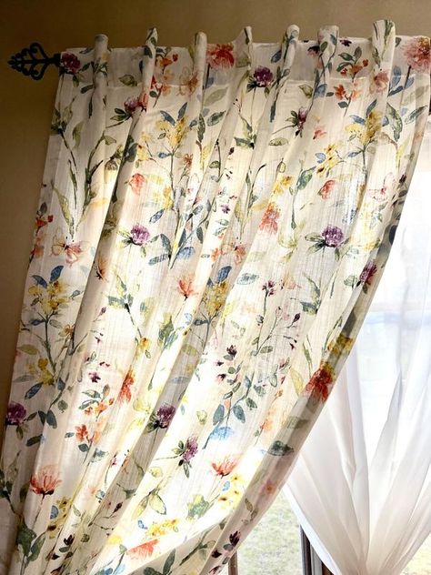 allen + roth 84-in Floral Print Cotton Light Filtering Back Tab Single Curtain Panel in the Curtains & Drapes department at Lowes.com Cottagecore Bedroom Curtains & Drapes, Floral Vintage Curtains, Wildflower Curtains, Cottage Curtains Ideas, Cottage Core Curtains, Vintage Curtains Bedroom, Floral Curtains Bedroom, Printed Curtains Bedroom, Cottage Style Curtains