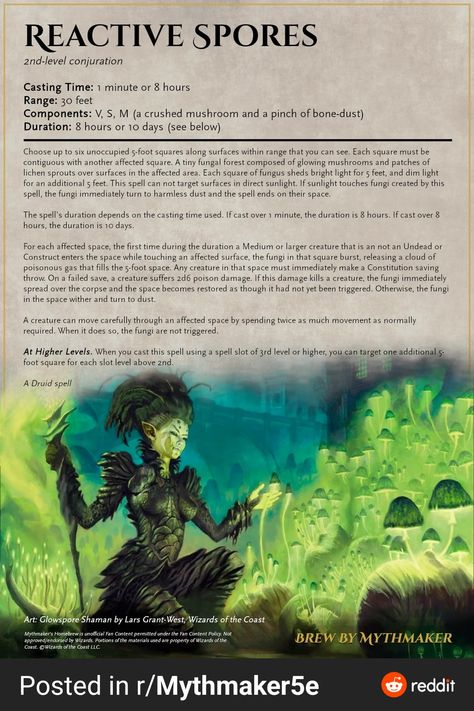 Ektus / Gau (Druid) Reactive Spores 5e Traps, Druid Spells 5e, 5e Spells, Homebrew Spells, Spell Ideas, Dnd Spells, Dungeons And Dragons Rules, Dnd Druid, Dnd Stats