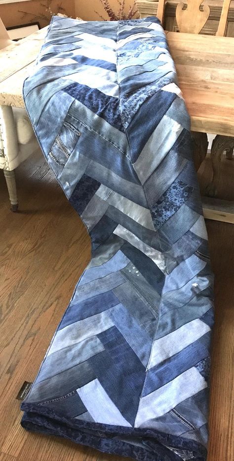 Recycled Denim Blanket recycled Denim Chevron Herringbone | Etsy Jeans Projects, Jean Quilts, Denim Quilt Patterns, Artisanats Denim, Denim Blanket, Comforter Quilt, Jean Diy, Blue Jean Quilts, Denim Quilts