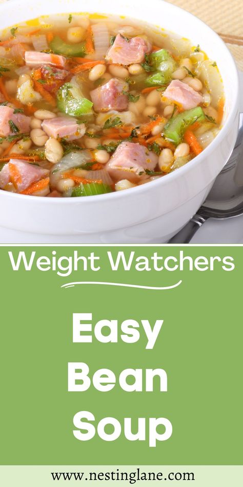 Easy Bean Soup (Weight Watchers) Recipe. This soup is hearty and flavorful. It's easy to make, and full of protein, so it's great for a cold Fall or Winter dinner. It's also great for leftover ham from Thanksgiving or Christmas. To make this soup, you will need dried navy beans, ham, a ham bone, onion, bay leaf, salt, pepper, celery, and carrots. MyWW Points: 6 Green Plan, 6 WW Smart Points. Low Fat. Weight Watchers Leftover Ham Recipes, Ww Ham Recipes, Weight Watchers Ham Recipes, Easy Bean Soup, Recipes Using Ham, Ww Soup, Weight Watchers Casserole, Ww Ideas, Weight Watchers Recipe