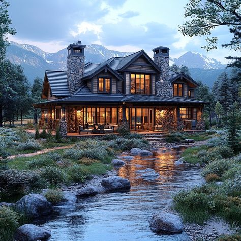 Immerse yourself in the serene beauty of the Colorado mountains with this Craftsman-style Farmhouse Luxury spanning 10,000 sqft. Soft light enhances the muted color grading, showcasing intricate textures against the tranquil creek backdrop. Let this AI-rendered masterpiece inspire your luxury decor aspirations, blending comfort with nature's grandeur. Can you hear the mountain creek's murmur or feel the fresh mountain air? Share your thoughts below! 🌄🏡 #DreamHomeInspiration #LuxuryInteriors #CraftsmanStyle #FarmhouseLuxury #ColoradoMountains #SoftLight #LuxuryLiving #LuxuryDesign #LuxuryLifestyle #HomeGoals #InspiringHomes #LuxuryTravel Mountain Home Staircase, Mountain Home Great Room, Mountain House View, Colorado Ranch House, Jank Boteko, House In Mountains, Modern Mountain Home Exterior, Colorado Houses, Farmhouse Luxury