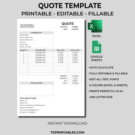 Quote Template. Simple Quote. Estimates Template. Quotation Form. EXCEL/Google Sheets Editable, Printable,Fillable. Letter/A4 Size. by BocaBocaTemplates on Etsy Professional Quotes, Estimate Template, Quote Template, Downloadable Templates, Simple Quotes, Excel Templates, Text Quotes, Google Sheets, Printable Quotes