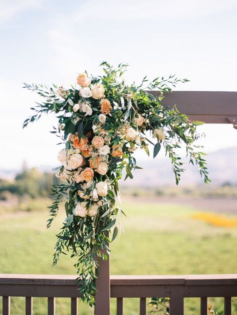 Floral design on top two corners of arch. Floral Arbor Wedding, Arbor Floral Arrangement, Fall Ranch Wedding, Arbour Flowers, Bozeman Wedding, Arbor Flowers, Wedding Pergola, Rustic Ceremony, Arbor Ideas