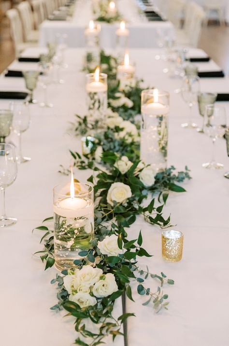 Wedding Reception Hall Decor, Greenery Garland Centerpiece, Eucalyptus Runner Wedding, Wedding Decorations Long Table, Rectangle Reception Tables Layout, Greenery Wedding Centerpieces Round, Classic Wedding Table Decor, Belgian Wedding, Natural Wedding Centerpieces