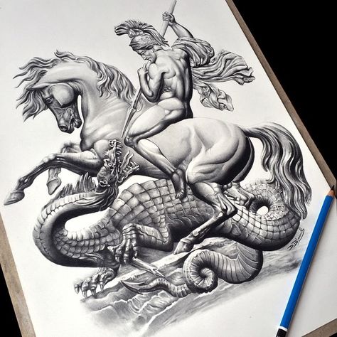 Domenic.B on Instagram: “First paid commission! St.George (in graphite) about to stab the shit out of a dragon..or maybe he's about to get roasted. Who knows. #art…” Ancient Art Tattoo, Saint George And The Dragon, Spartan Tattoo, Occult Tattoo, Knight Tattoo, Blackout Tattoo, Full Arm Tattoos, Mythology Tattoos, San Michele